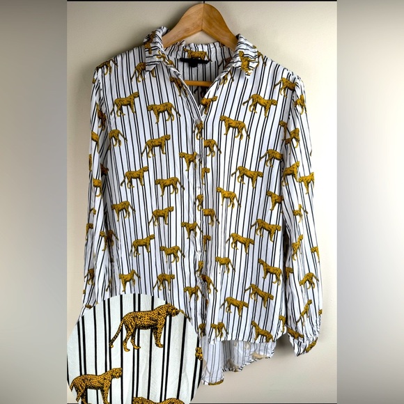 Jane And Delancey Shirt Women’s Sz LG Striped Cheetah Button Up Roll Tab Sleeve - Picture 1 of 8